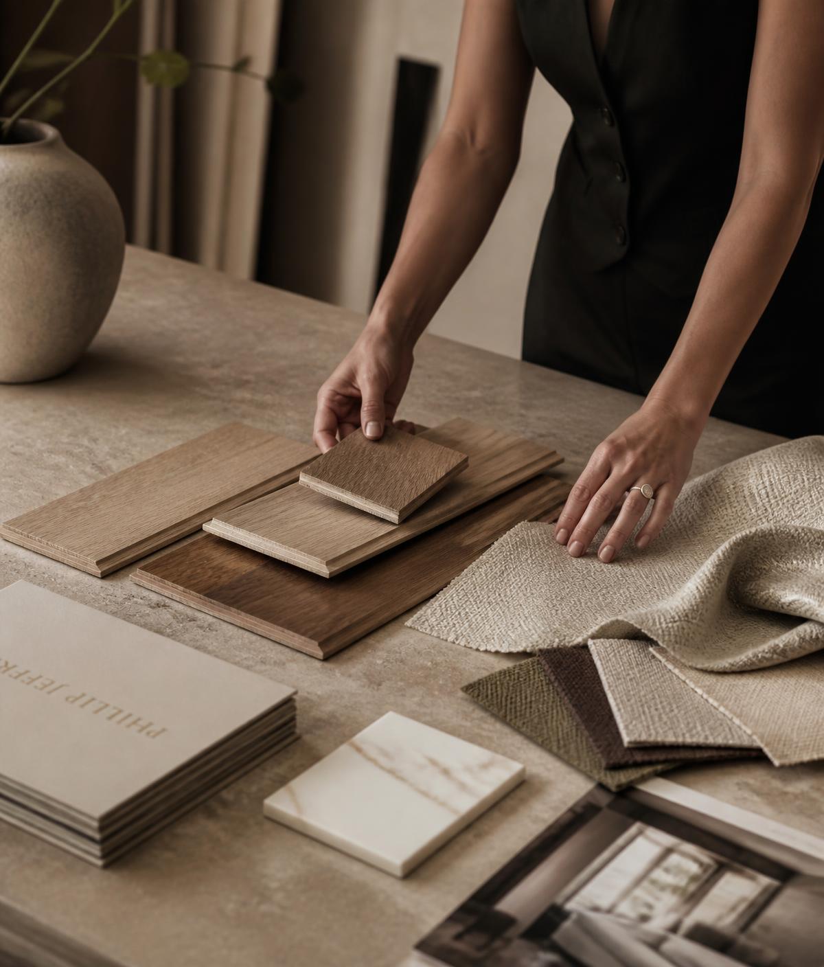 Interior designer selecting flooring and fabric samples