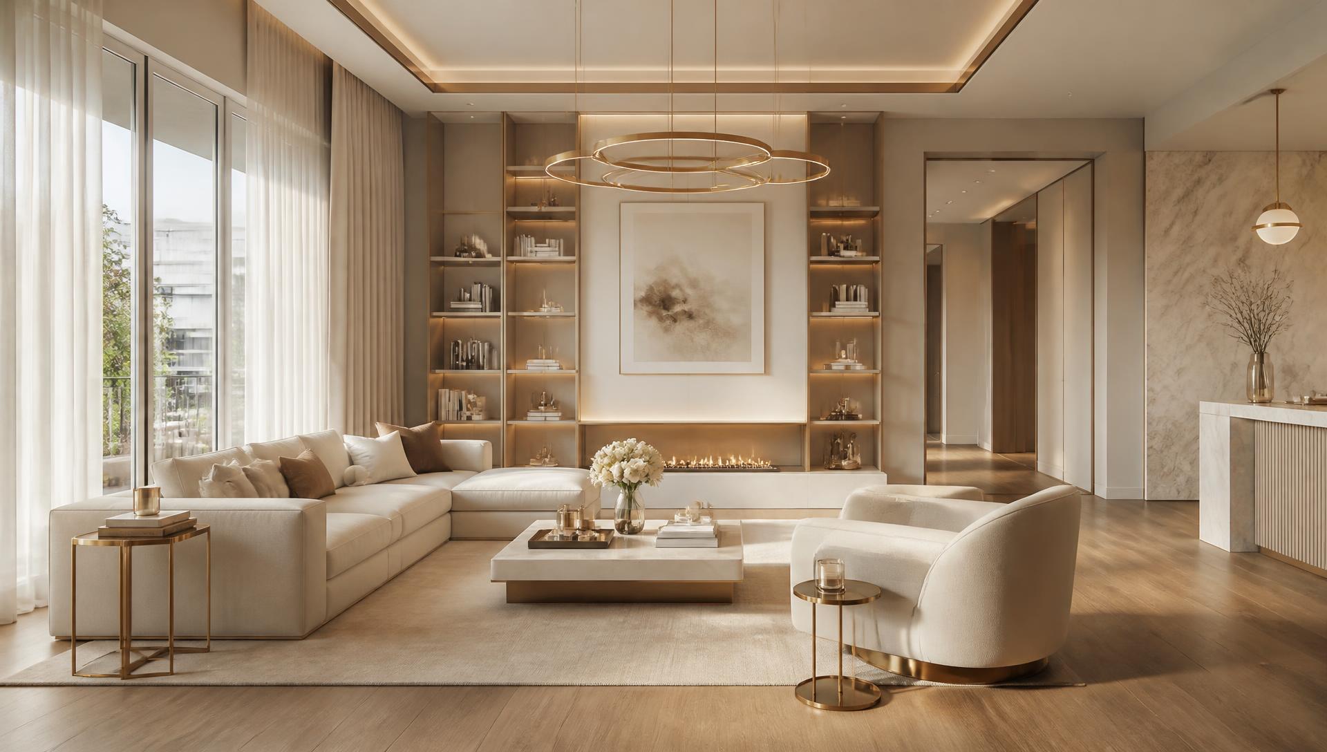 Luxury living room with wooden flooring and warm neutral finishes